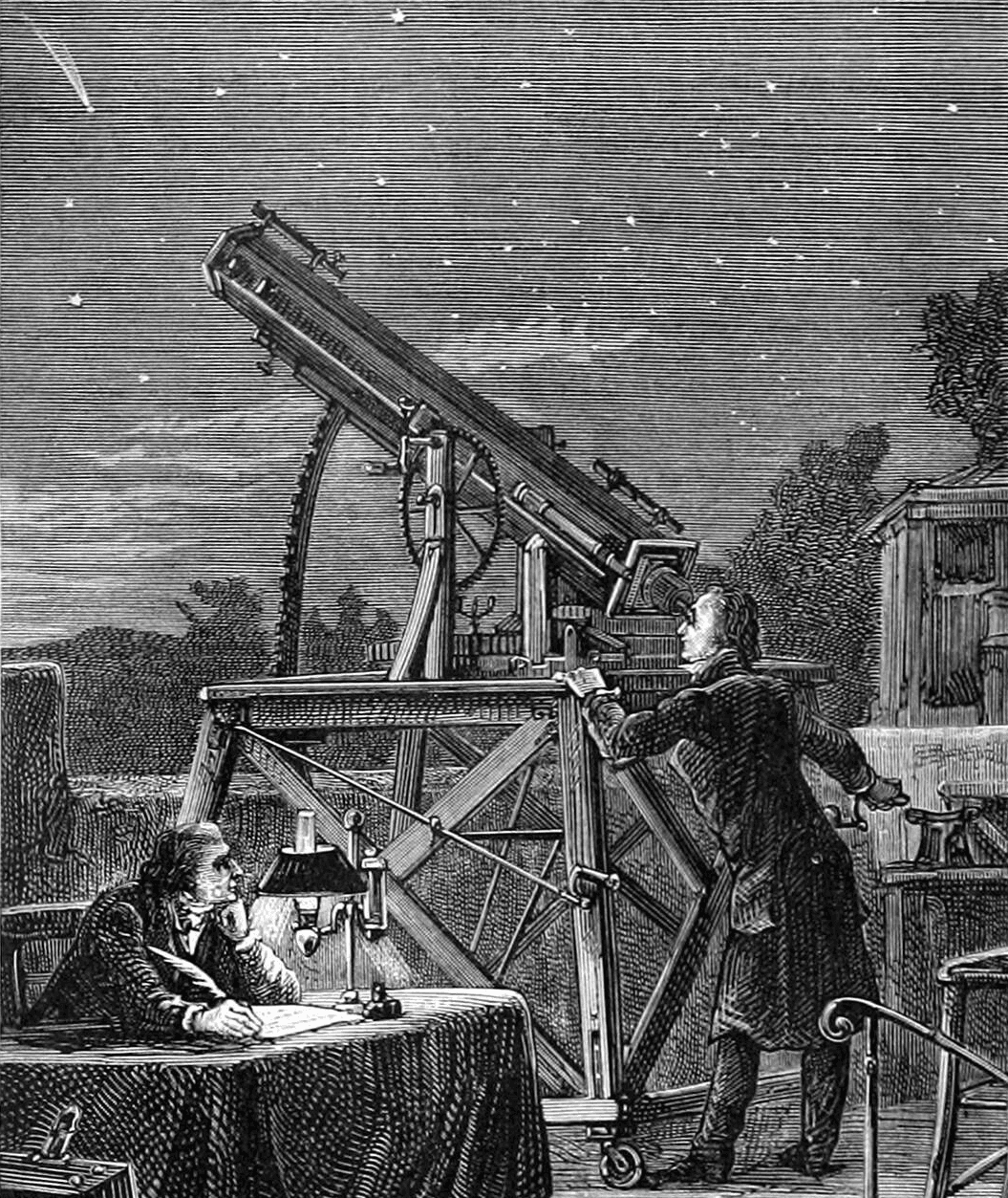 Engraving of the Herschel observatory telescope