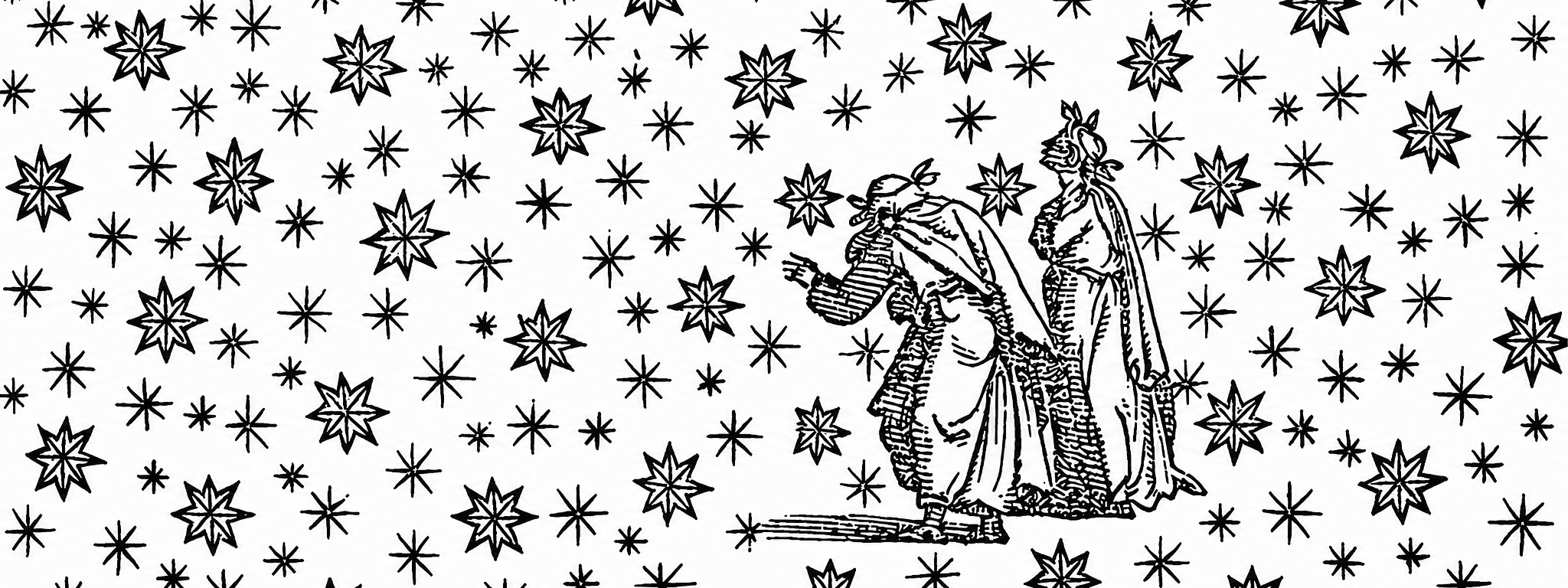 Woodcut of two figures among stars