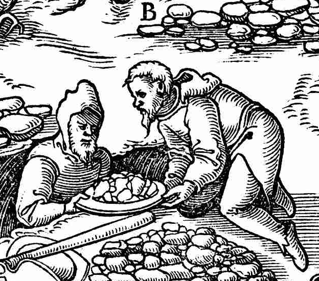 Woodcut of two miners sorting ore into a pan, from Agricola's De re metallica (1556)