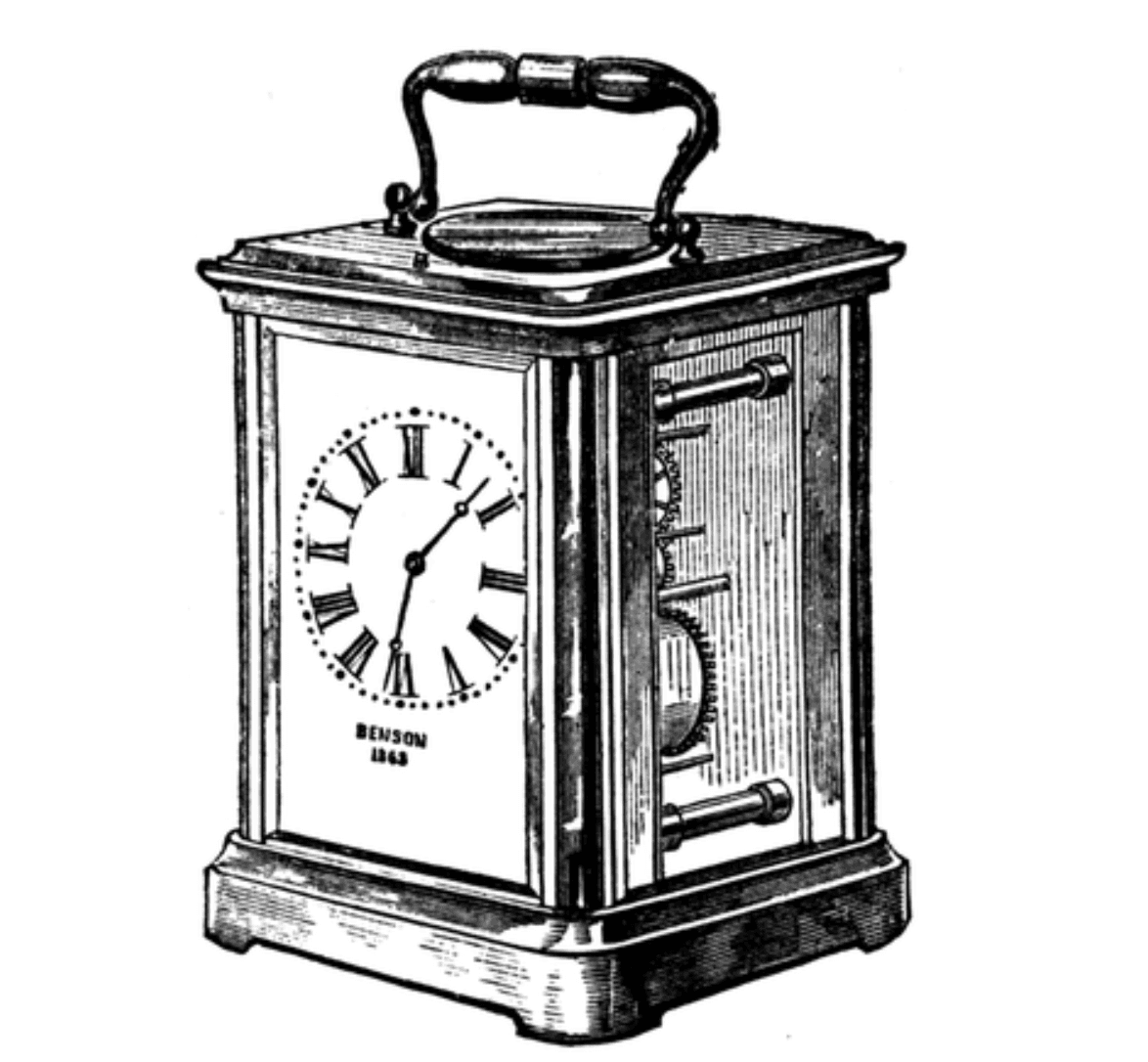 Woodcut of an ornate carriage clock