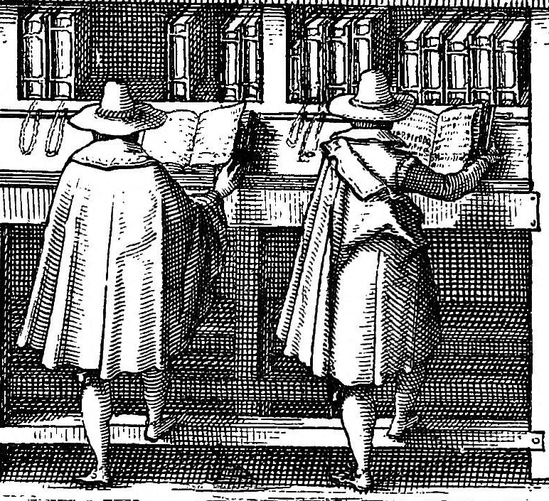 Engraving of two scholars reading chained books in the 1610 Leiden university library